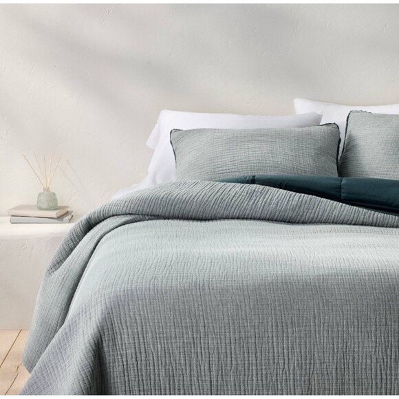 Full/Queen Textured Chambray Cotton Comforter & Sham Set Dark Teal Blue NEW - Picture 1 of 9